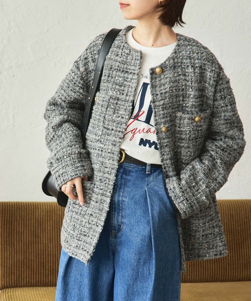 URBAN RESEARCH」 ツイードジャケット 38 グレー レディース 