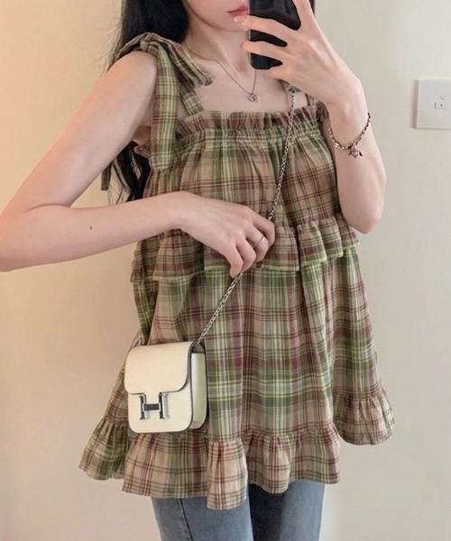 LADY LIKE（レディライク） ブラウス シャツ 夏 チェック柄ショルダー