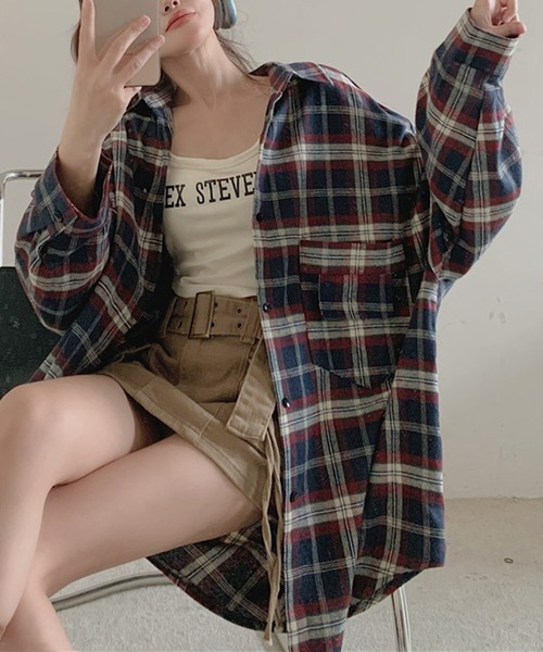 ブラウス シャツ PLAID PATCHWORK SHIRT レディース Girly Doll ブラウス シャツ オーバーサイズチェック柄シャツ