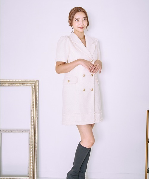Meline M. ワンピース 半袖 Tweed fringe mini one piece ツイード