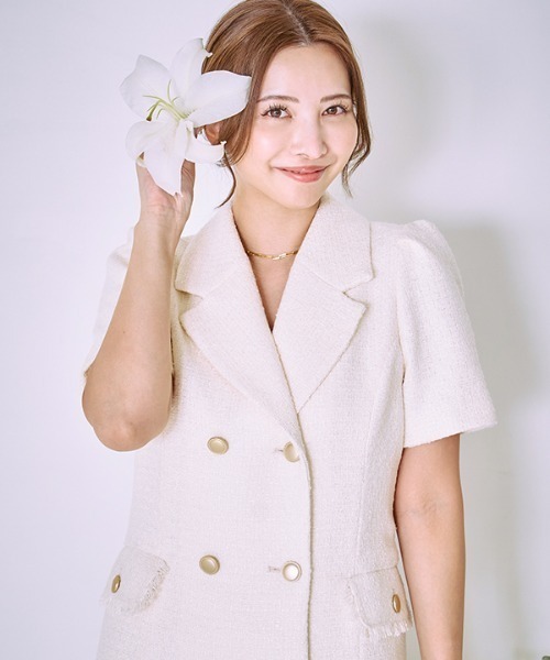 Meline M. ワンピース 半袖 Tweed fringe mini one piece ツイード