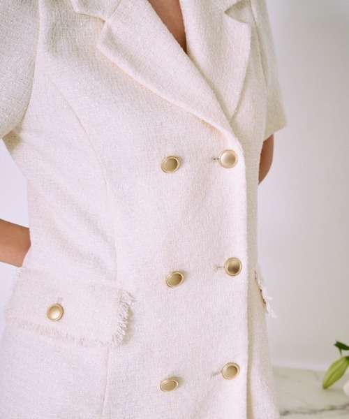 Meline M. ワンピース 半袖 Tweed fringe mini one piece ツイード