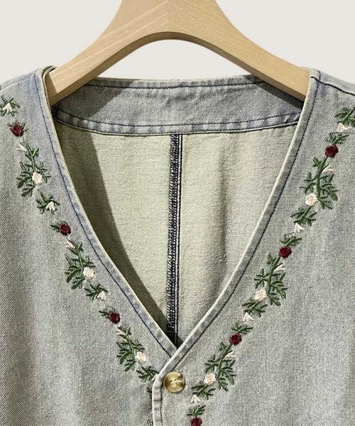 aimoha ベスト ジレ 花柄刺繍デニムベスト レディース