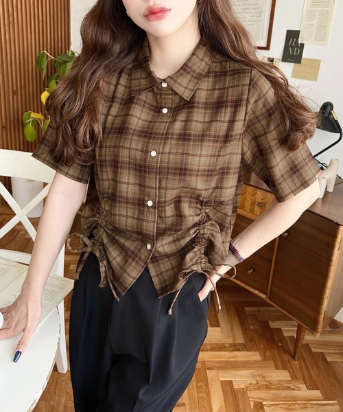 ブラウス シャツ ドロストチェックシャツ レディース DOUX ARCHIVES ブラウス シャツ ドロストチェックシャツ