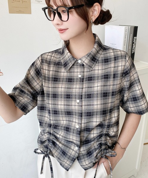 moment+ ブラウス シャツ 裾ドロストチェックシャツ レディース