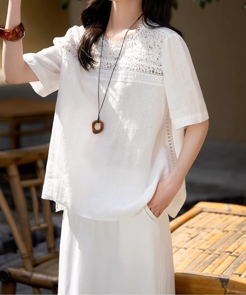 ブラウス シャツ レース刺繍ブラウス レディース