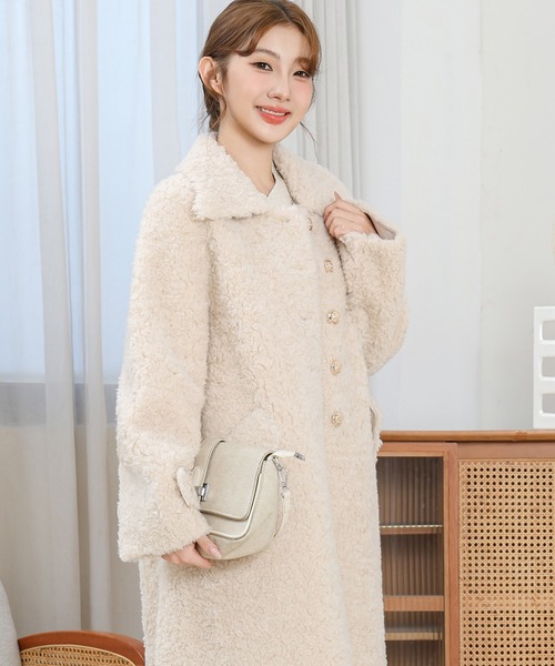 Anely ステンカラーコート コート ビジュー ボタン ロング ボア コート