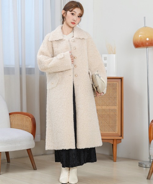 アイボリー シングルボタン ロングコート Anely ステンカラーコート コート ビジュー ボタン ロング ボア コート