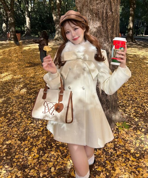 完売品♡ケープ付きホワイトコート Aライン リボン 美品 Princess Melody】リボン付きボリュームファーフードケープコート