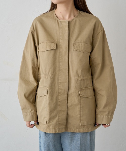 「PUAL CE CIN」 ノーカラージャケット FREE カーキ レディース_画像2