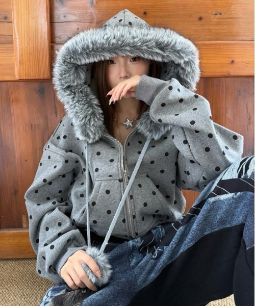 gossip!ロサンゼルス パーカー Y2K ビッグファーフード×ドット柄
