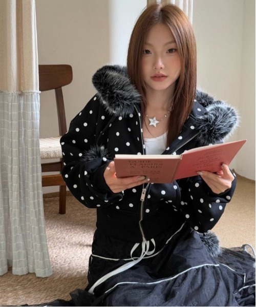 gossip!ロサンゼルス パーカー Y2K ビッグファーフード×ドット柄