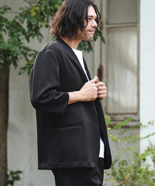 カンビオ リラックスポンチ ノーカラージャケット 上下 セットアップ 黒 M カンビオ リラックスポンチ ノーカラージャケット 上下 セットアップ