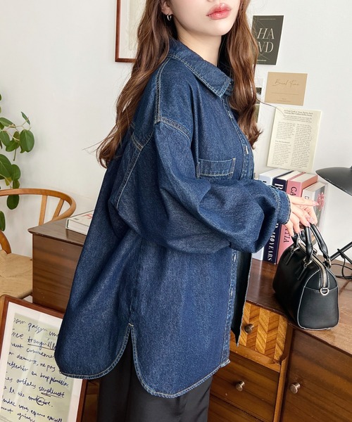 「moment+」 長袖シャツ L インディゴブルー レディース_画像6