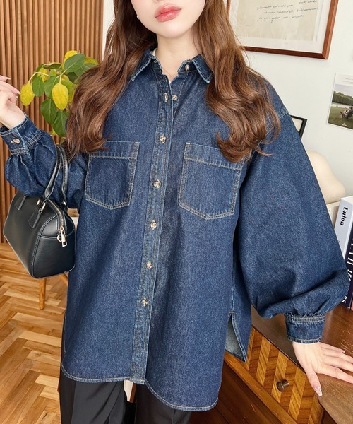 「moment+」 長袖シャツ L インディゴブルー レディース_画像8