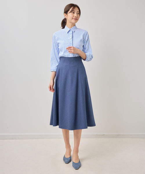 【ナラカミーチェ】未使用✨ストレッチ ストライプ フリルブラウス シャツ 光沢 NARACAMICIE（ナラカミーチェ） ブラウス シャツ 「NARACAMICIE