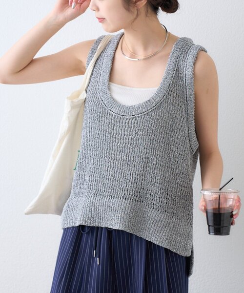 ベスト ジレ 「オールシーズン活躍」深Uスパンコールラメニットベスト レディースの画像