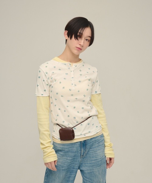 ヘンリーネック tシャツ 半袖 「eL」Flower Henley Neck Pullover SS