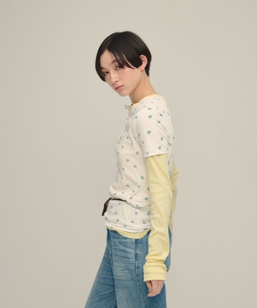 ヘンリーネック tシャツ 半袖 「eL」Flower Henley Neck Pullover SS
