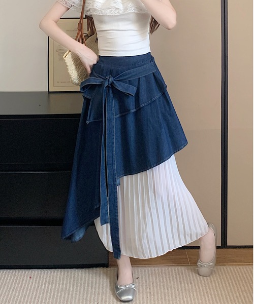LUCPY ロング スカート デニムレイヤードプリーツスカート : ZOZOTOWN