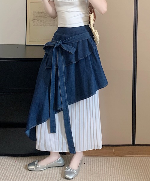LUCPY ロング スカート デニムレイヤードプリーツスカート : ZOZOTOWN