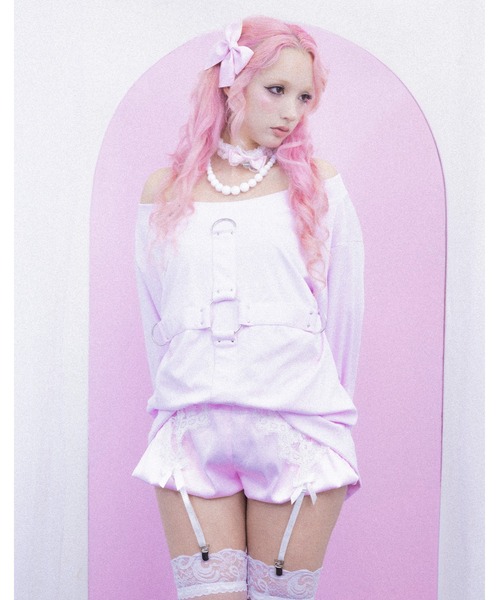 【DimMoire×AVENCHUMU】 ハーネスTシャツ PINK AVENCHUMU tシャツ Front cross long sleeve T-shirt レディース