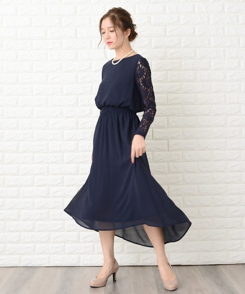 Lace Ladies ドレス 袖レース切り替えフィッシュテール
