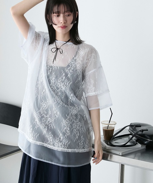 tシャツ レースレイヤードロゴプルオーバー レディース BEAMS mini（ビームス ミニ）レース レイヤード プルオーバー