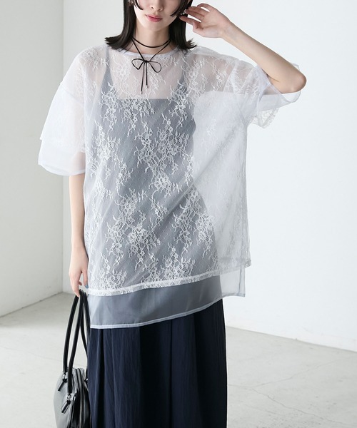 tシャツ レースレイヤードロゴプルオーバー レディース セール】メッシュレイヤードプルオーバー（Tシャツ/カットソー