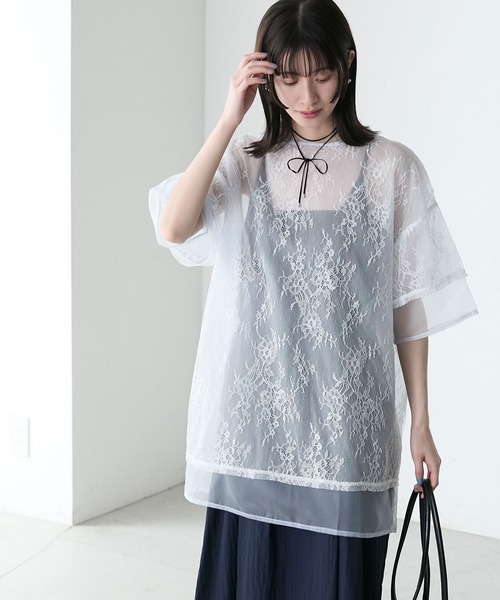 tシャツ レイヤードオーガンジー半袖Ｔシャツ レディース ANGIE tシャツ チュールレイヤードメタリックTシャツ（半袖