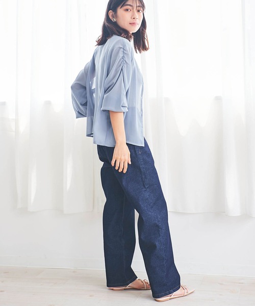 ブラウス シャツ Vネックダブルポケットシアーシャツ 「低身長・小柄女性」 レディース ブラウス シャツ Vネックダブルポケットシアーシャツ 「低身長