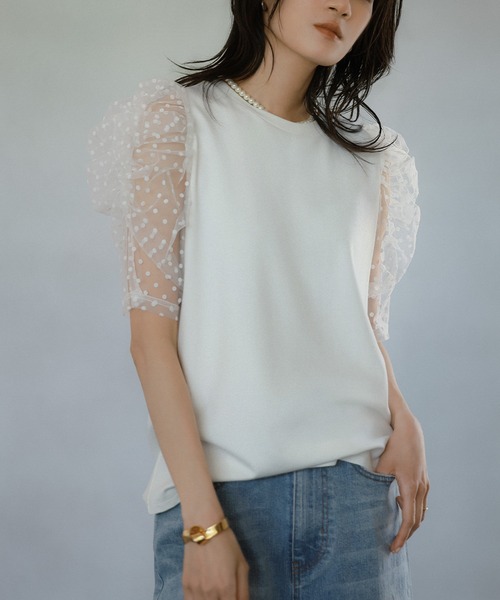 ELFRANK tシャツ 半袖 ドットチュール袖トップス レディース