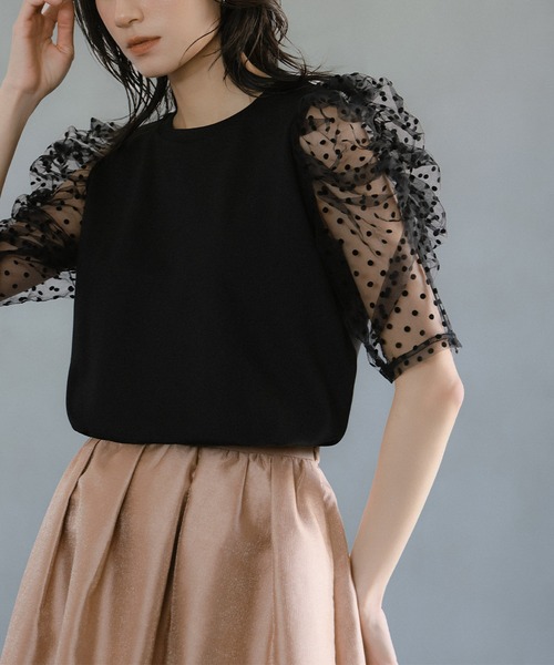 ELFRANK tシャツ 半袖 ドットチュール袖トップス レディース