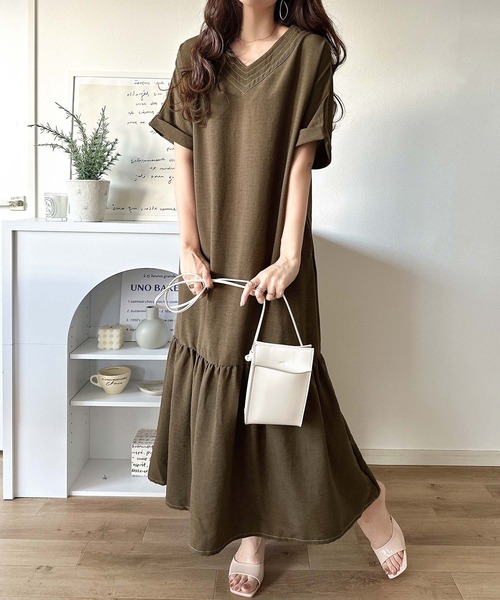ロング ドレスワンピース S〜2XL Vネック 大きいサイズ レディース Vネック・ロングドレスワンピース(2L