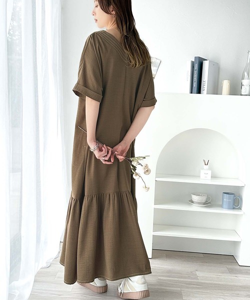 美シルエット Vネック ワンピース 高級感漂う 大人エレガント ウール混／ベルト付】美シルエットVネックワンピース（ミドル