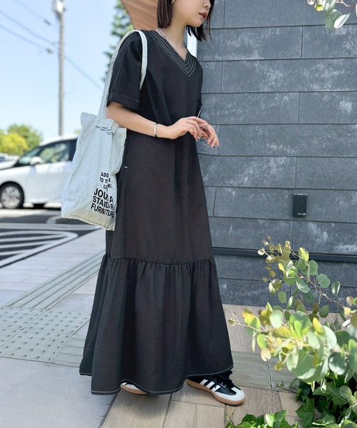 ロング ドレスワンピース S〜2XL Vネック Vネック胸元 シースルー長袖 ロングタイトドレスワンピース 黒
