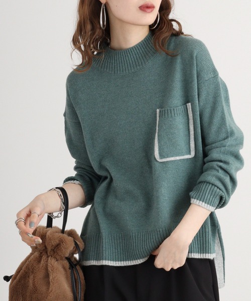 ニット セーター BRODIAEA カシミヤ混　ポケット配色ハイネックニット レディース