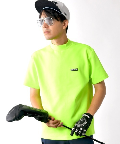 TFW49 蛍光イエロー 半袖モックネックシャツ XL STELLA77GOLF tシャツ 蛍光カラーゴルフモックネック半袖T