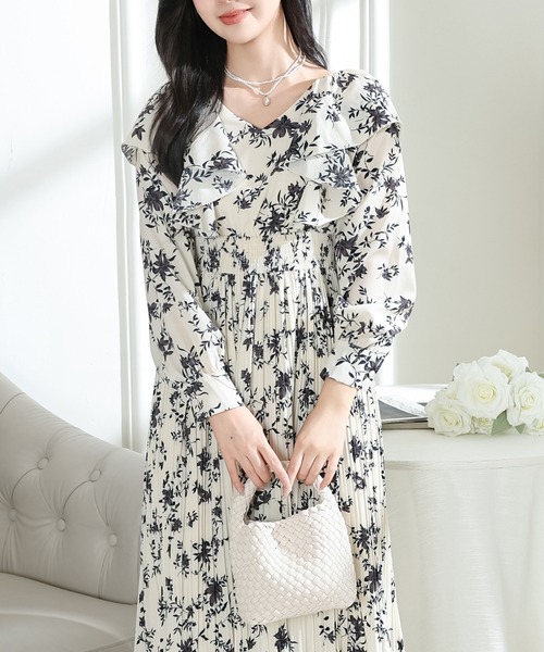 SPECCHIO フラワープリント　ギャザープリーツ　ロングワンピース　フリル Lace Ladies ワンピース フラワー プリント 肩フリル 消し
