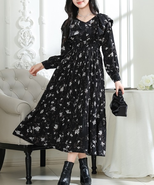 SPECCHIO フラワープリント　ギャザープリーツ　ロングワンピース　フリル Lace Ladies ワンピース フラワー プリント 肩フリル 消し