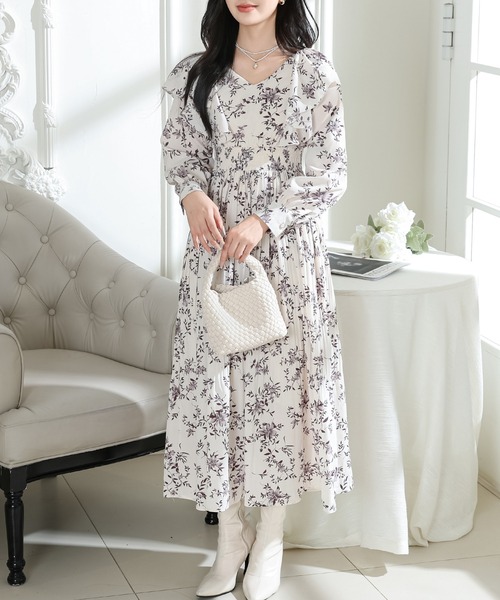 美品　TOCCAフラワープリント　ロング丈　ドレスワンピース　プリーツ Lace Ladies（レースレディース） ワンピース フラワー プリント 肩