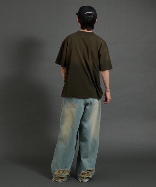 鬼フェードグレーハーフジップグランジtシャツTシャツ無地ダメージ