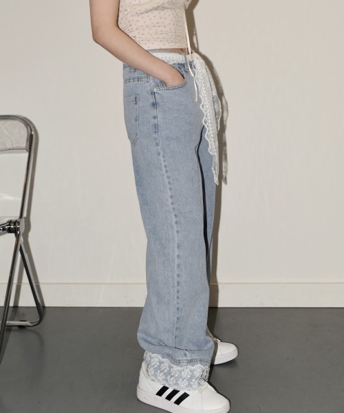 ワイドパンツ ジーンズ デニム デニムパンツ ワイドデニム レース