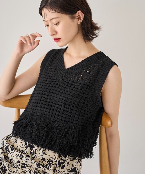 deux clefs 透かし編みコットンニット フリンジ コットンアクリル透かし編みクルーネックニット