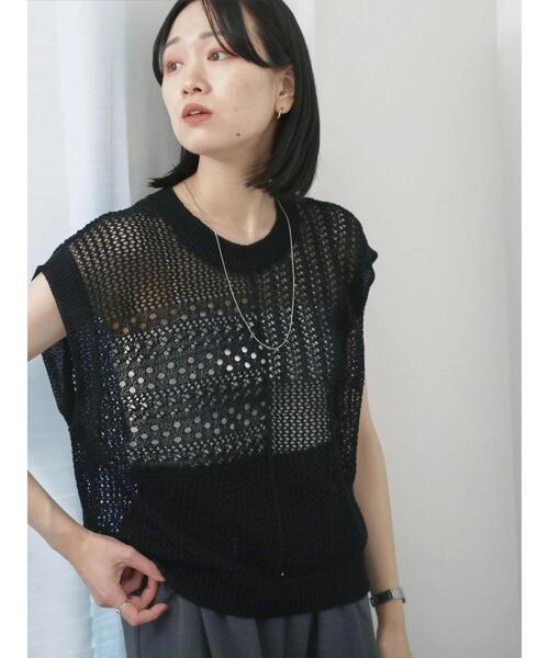 美品【ANTIPAST】パッチワーク ニットベスト レース 刺繍 ブラック Samansa Mos2 blue（サマンサモスモスブルー） ニット セーター 麻