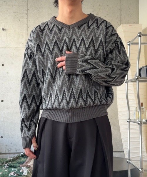 Gaphos（ガフォス） 長袖セーター ジグザグパターン セーター vネックジグザグパターンニット ニット トップス