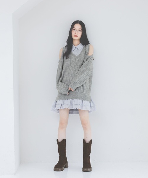 Heather（ヘザー） ワンピース 肩開きドッキングミニワンピース 633789