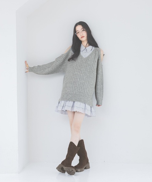 Heather（ヘザー） ワンピース 肩開きドッキングミニワンピース 633789