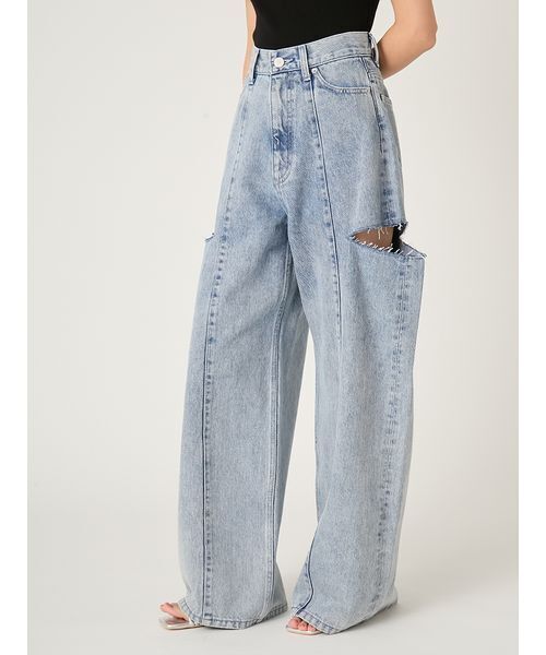 ワイドパンツ ジーンズ デニム デニムパンツ 「00サイズあり」カットアウトバレルデニムパンツ レディースの画像