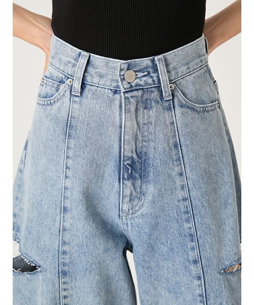 ワイドパンツ ジーンズ デニム デニムパンツ 「00サイズあり」カットアウトバレルデニムパンツ レディースの画像